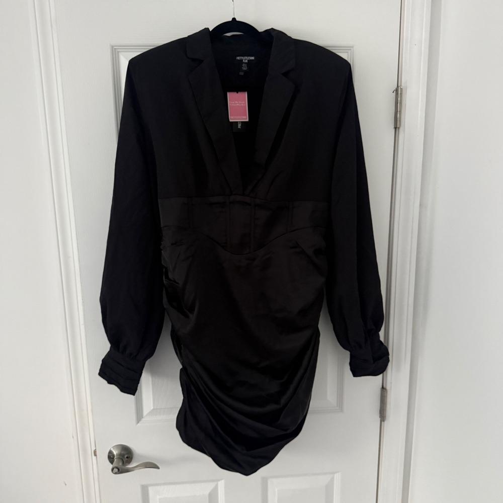 PrettyLittleThing Plus Black Corset Waist Blazer Dress Ruched Long Sleeve 14